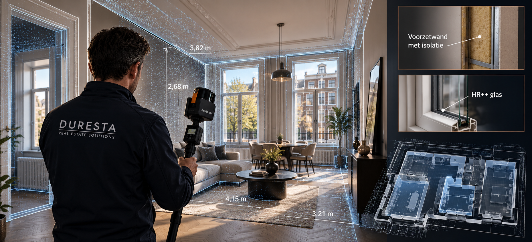 Duresta adviseur meet Amsterdamse woning in met GeoSLAM scanner voor meetrapport